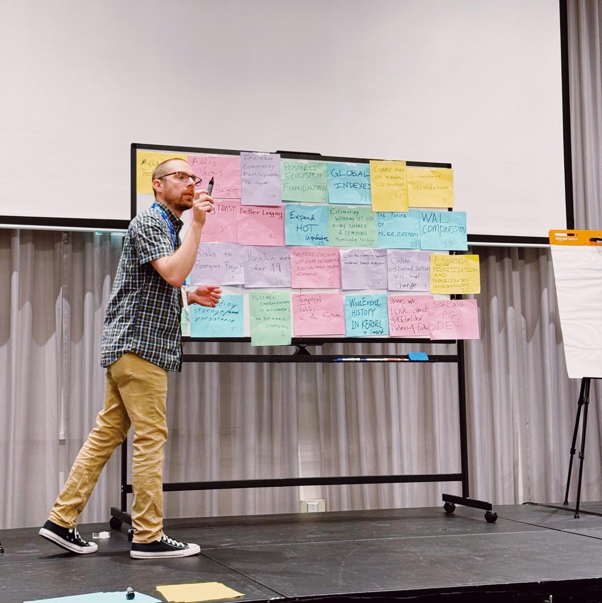 An unconference organizer leading a vote beside a board of handwritten session proposals